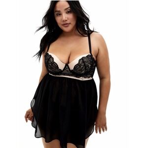 Womens Torrid Contrast Lace Underwired Babydoll Dress Lingerie Black/Nude Size 1